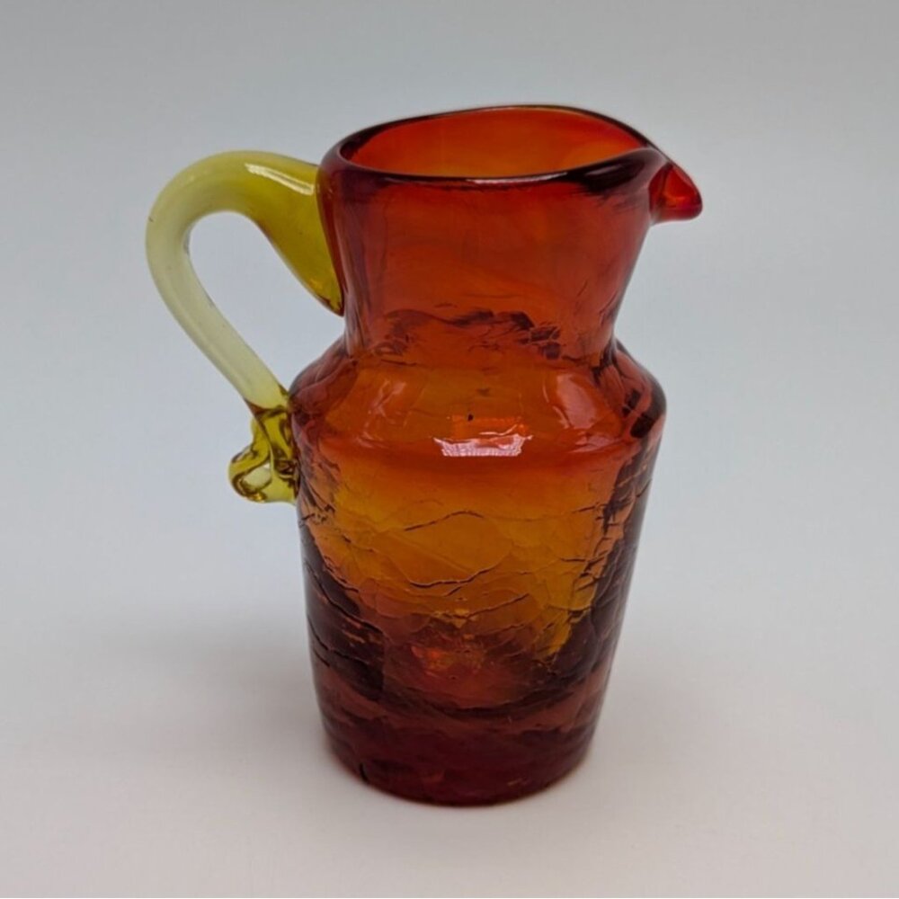 Blown Cracked Glass Amberina Pitcher Applied Handle Red Yellow Orange Vintage